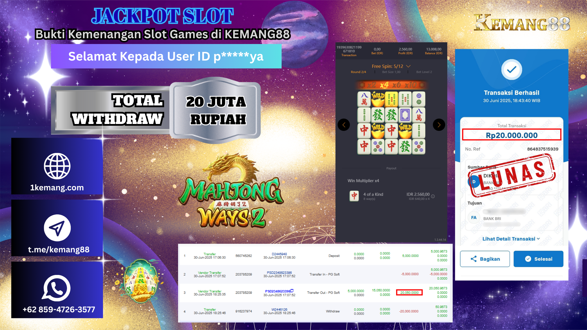 KEMANG88 [30 JUNI 2025] : JACKPOT MAHJONG WAYS 2 Rp.20.000.000.,- LUNAS